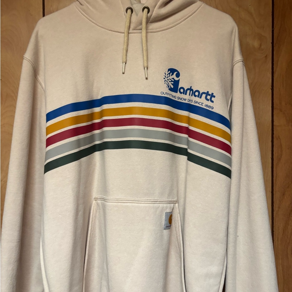 Carhartt Men's Cream Hoodie with Colorful Stripes